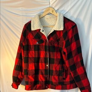 Red and Black Plaid Women's Jacket with Sherpa Collar